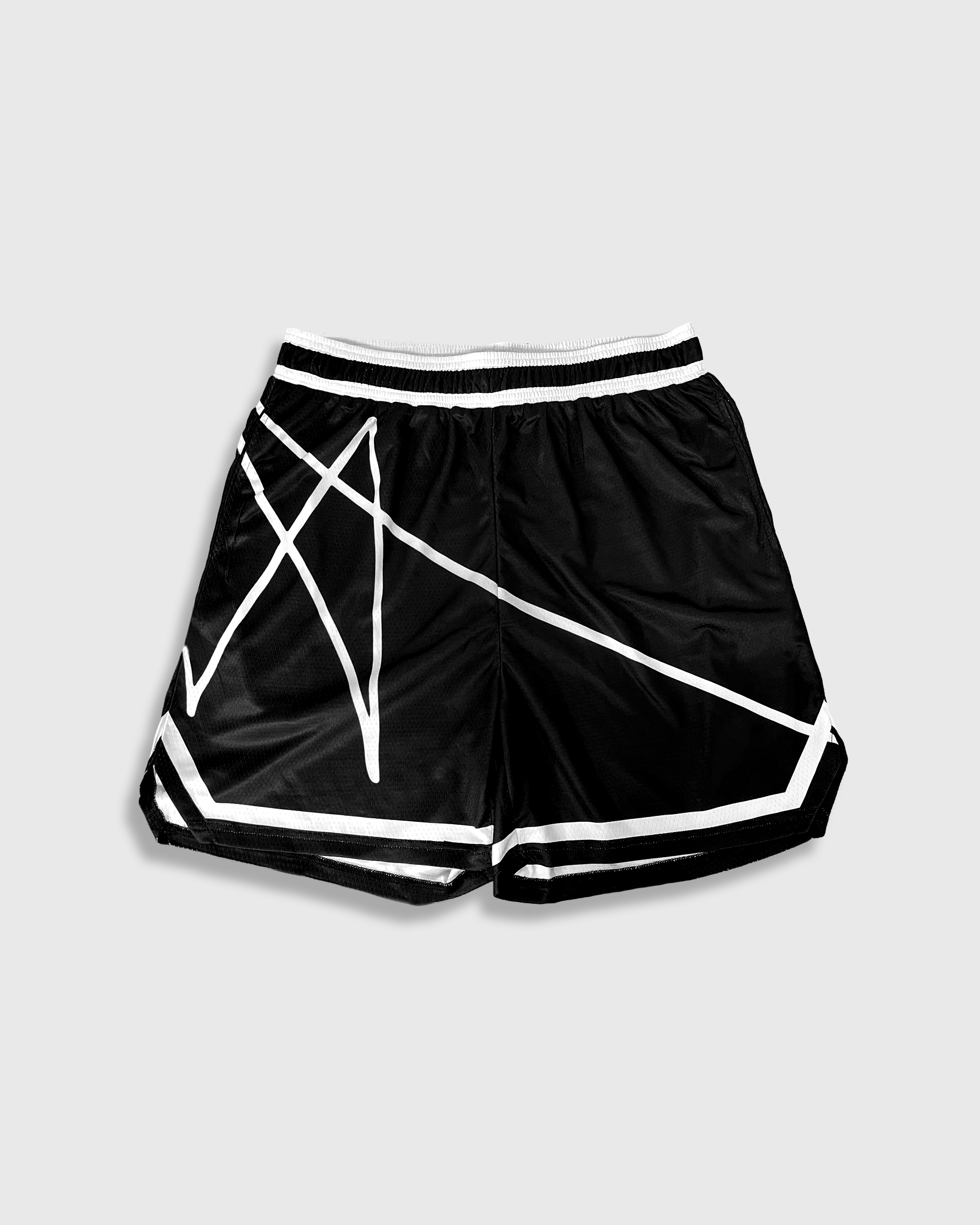 Black Vision Twins basketball shorts with white abstract line graphic on the front, elastic waistband, and athletic mesh fabric.