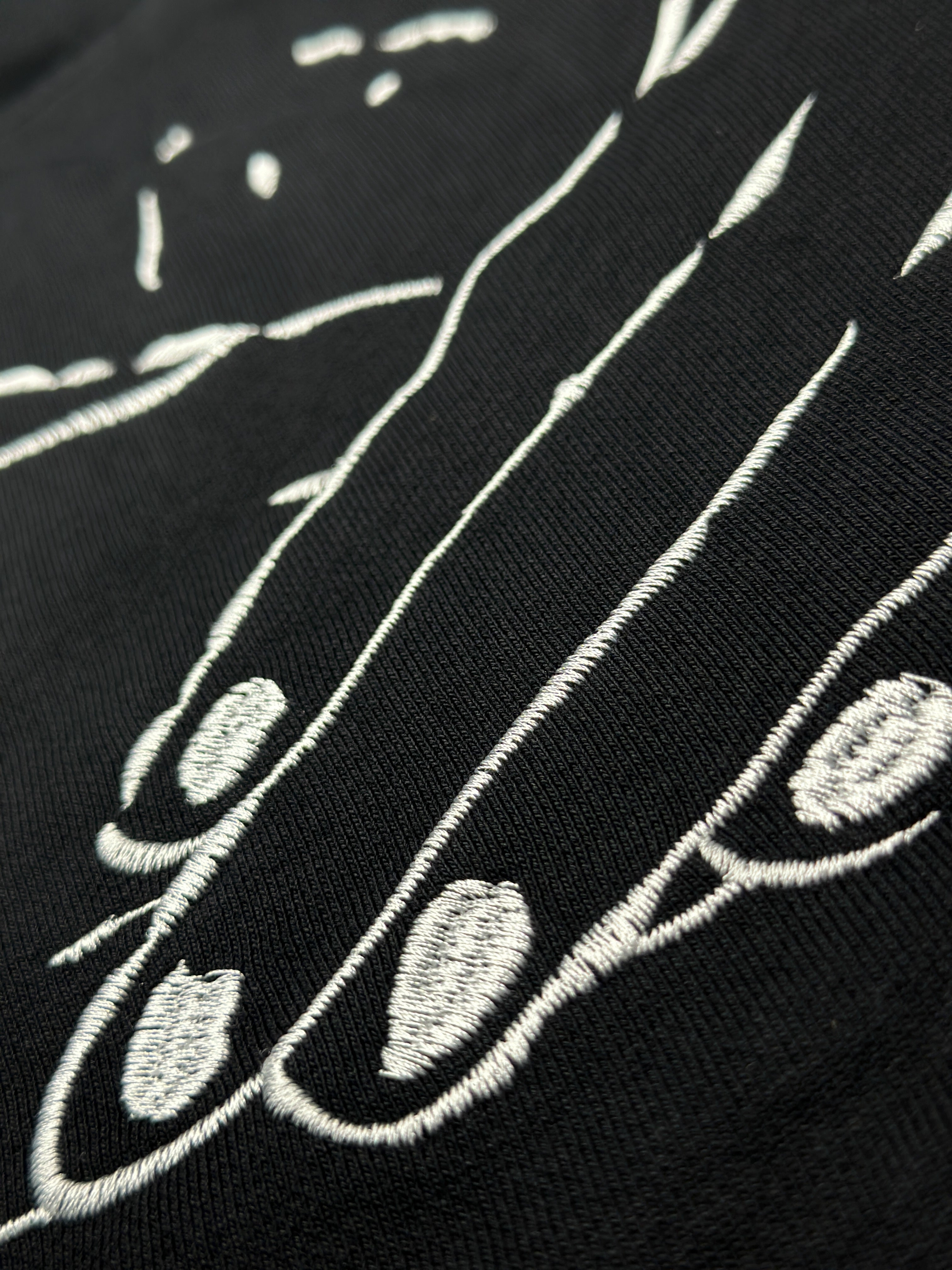 Close-up of a black fabric with white embroidered design of a hand holding a heart.